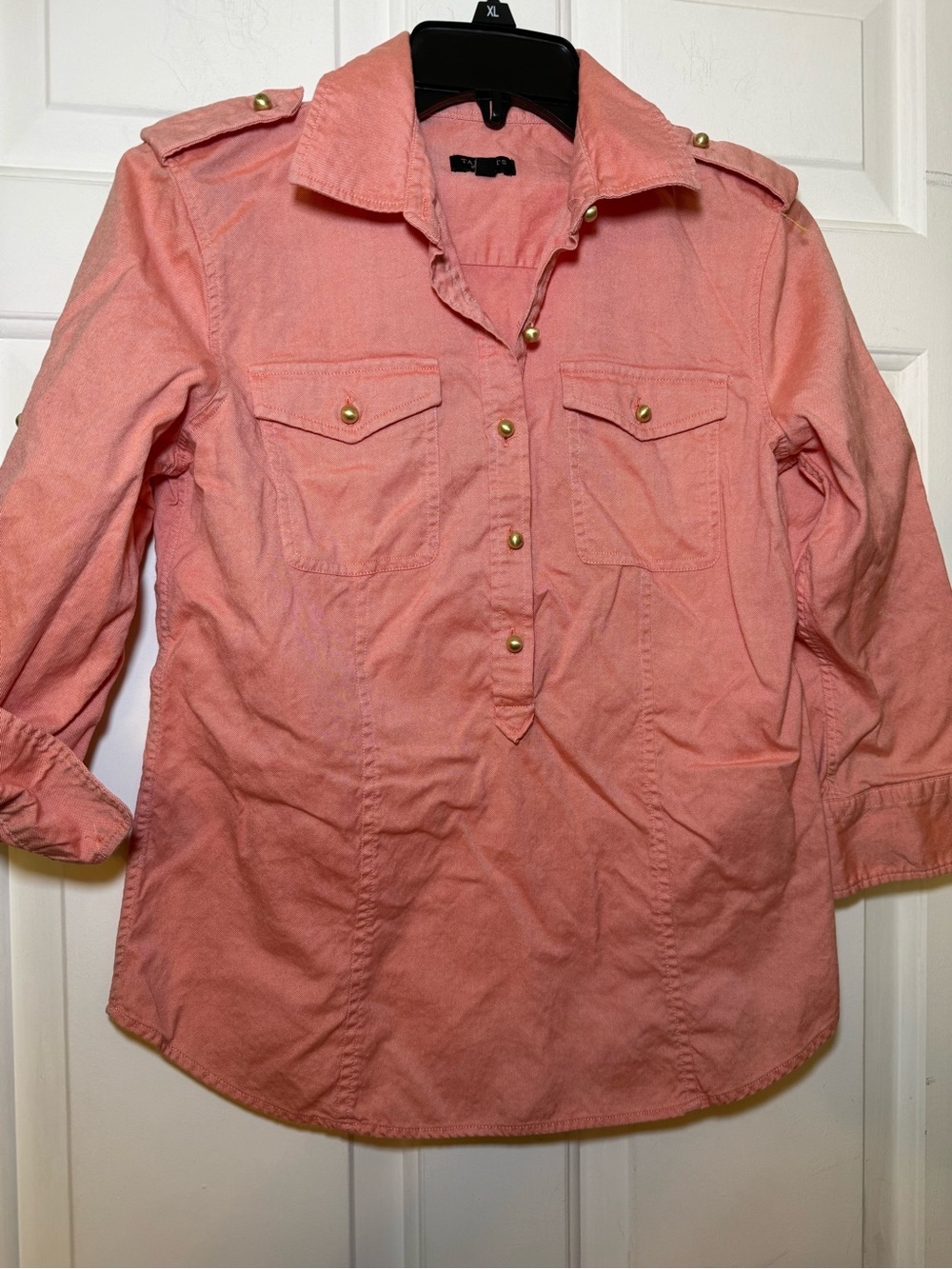Talbots Peach Gold Button Blouse XS Collared Epitaphs Adjustable Sleeves Preppy